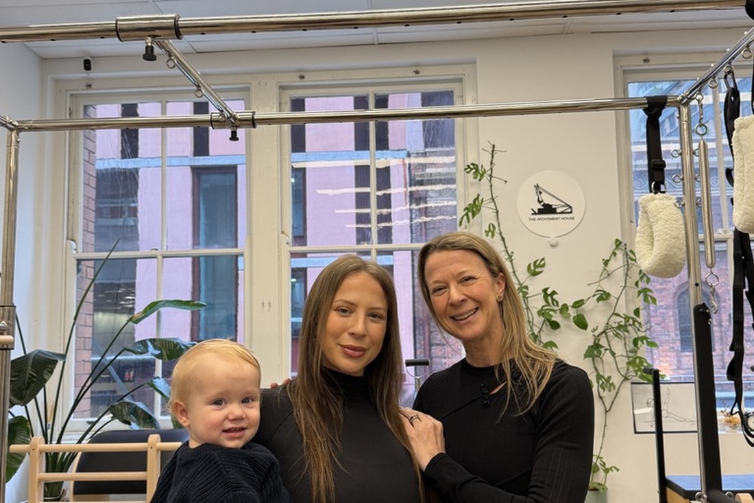 Pilates for menopause — ROUX Wellness Rouxchelle Denton-Cooke with her daughter Candice and grandson Charles in a Pilates studio